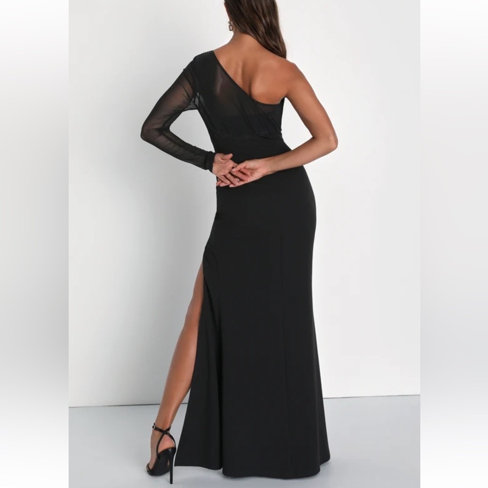 Lulus Stunning Essence Black Mesh One-shoulder Mermaid Maxi Dress - Size L - Picture 2 of 4